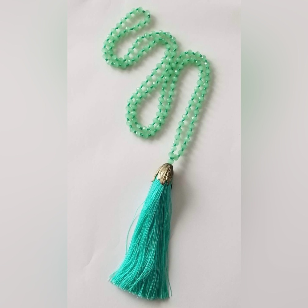 Chic Turquoise Colored Long 40” Beaded Necklace with Tassel